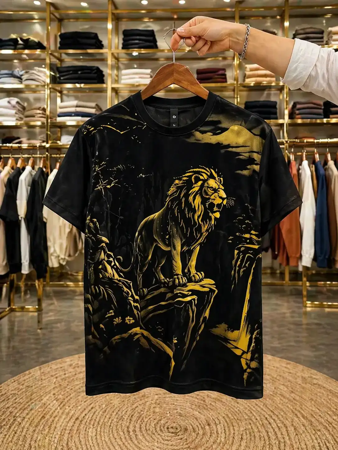 Men's Black T-Shirt with Gold Lion Graphic Print